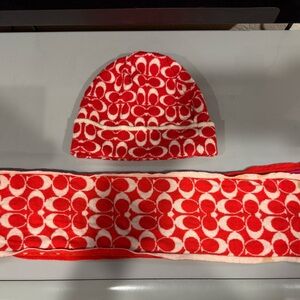 Coach Red and Cream Signature Logo Beanie and Scarf Set